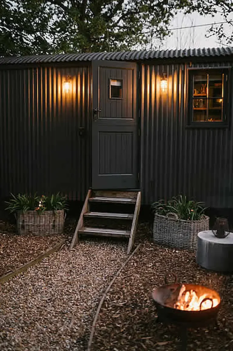luxury shepherds hut for sale croft front entrance.webp