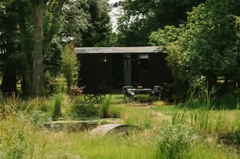 luxury shepherds hut for sale croft garden exterior view.webp